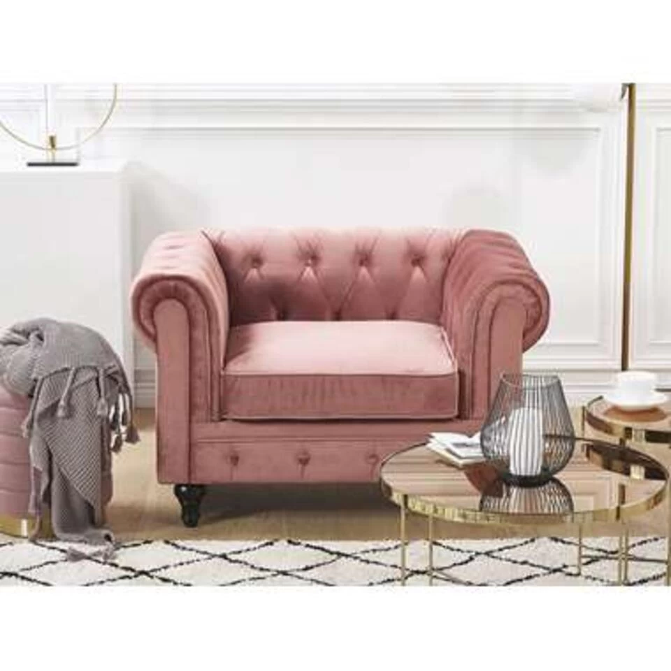 Beliani Fauteuil CHESTERFIELD - Roze Fluweel 4 Beliani Fauteuil CHESTERFIELD - Roze Fluweel - Afbeelding 2